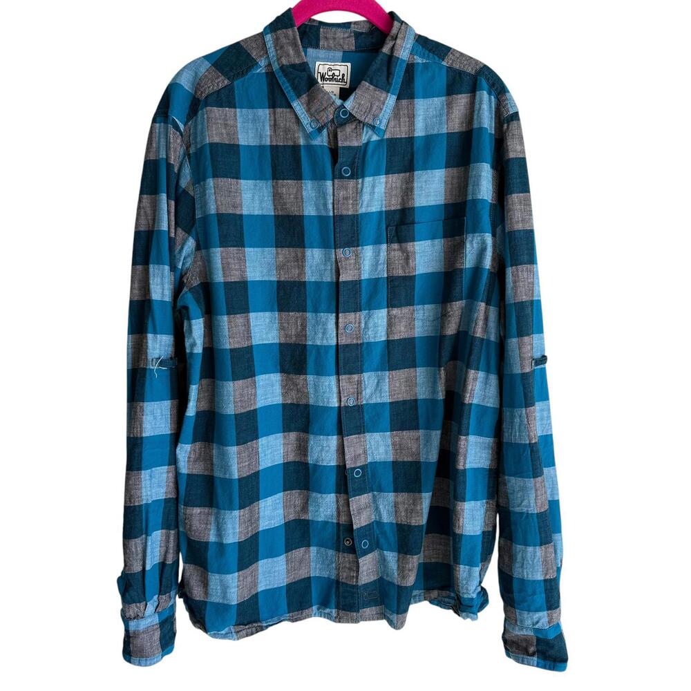 WOOLRICH Teal Plaid Cotton Roll‎ Tab Sleeve Mens Button Up Top, L